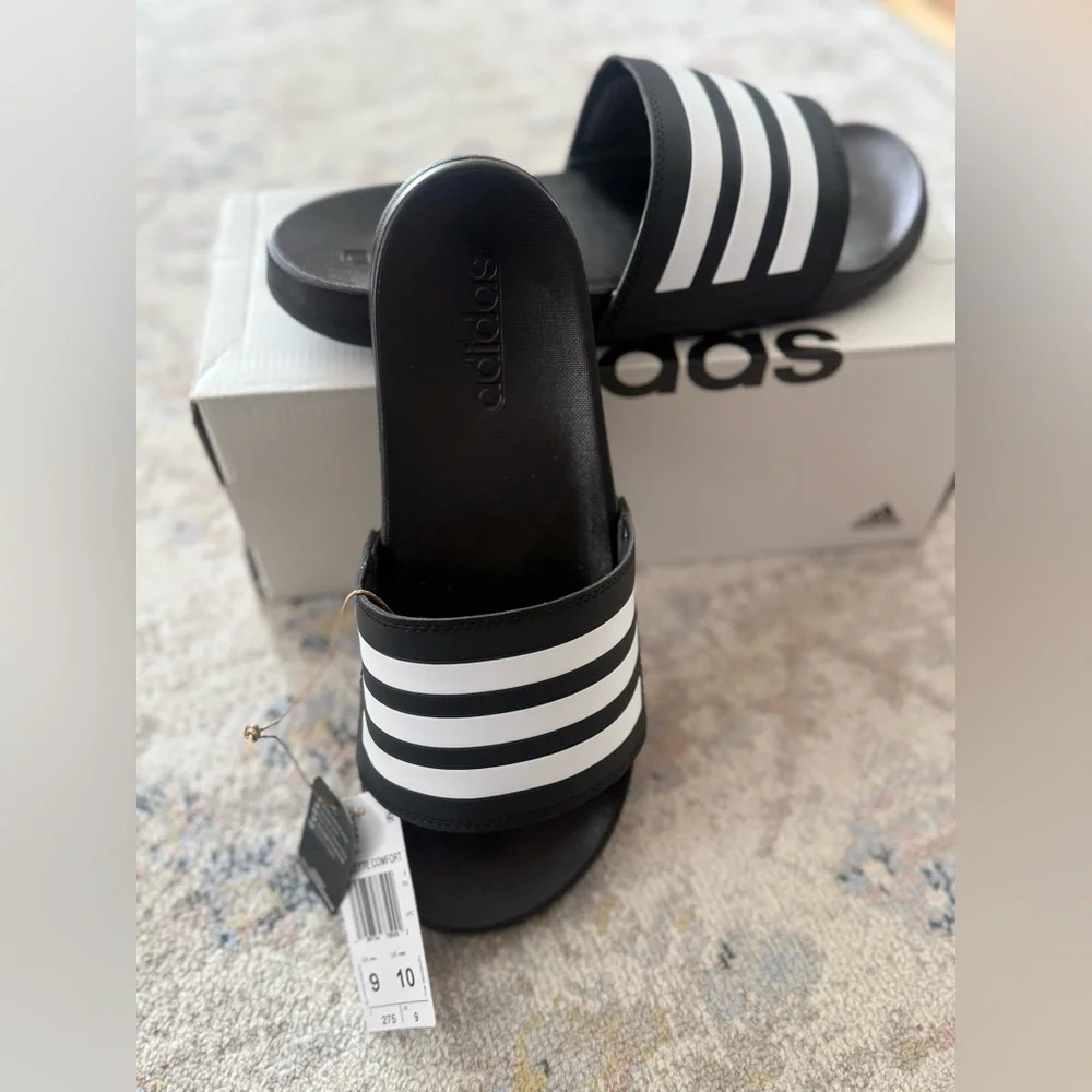 Adidas Adilette Comfort Slide Sandals Black White Mens 9 Womens 10 New With Box
